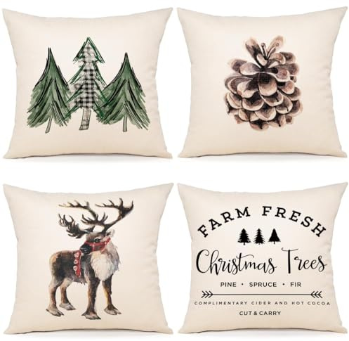 ZWJD Kissenbezug Weihnachten 50x50 4er Set Kissenbezüge Dekokissen Leinen Kissenhüllen für Deko Weihnachten Sofa Schlafzimmer Couch Kissenbezug 50x50 cm