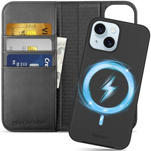 SHIELDON Rindsleder Hülle für iPhone 15 6,1 2023 5G, Schwarz | Abnehmbare, Kabelloses Laden, Kartenfach, Ständer, RFID Blocker, Stoßfeste Schutzhülle, Lederhülle, 2 IN 1 Klapphülle