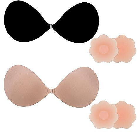 4Pcs Reusable Adhesive Bra Set, Washable Stick on Bra with Nipple Pads, Comfortable Strapless Bras for Women, Party, Bar, Wedding, Beach(Cup B) Black