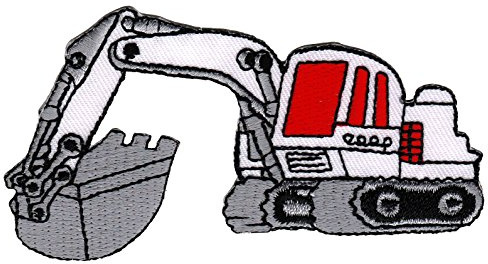 Bagger Weiß Baustelle Aufnäher zum aufbügeln oder aufnähen Bügelbild Aufbügler für Kleidung gestickter Bügelflicken Applikation Patch Größe 9,8 x 5,2 cm