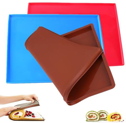 3 Stücke Silikon Backblech Rollmatte, Swiss Roll Cake Mat, Backmatte Backform Kuchen, Biskuitrollenmatte Antihaftbeschichtet, Rutschfest Silikon Backblech, für Kochen, Backen,Keksen, 31*26cm(3 Farben)