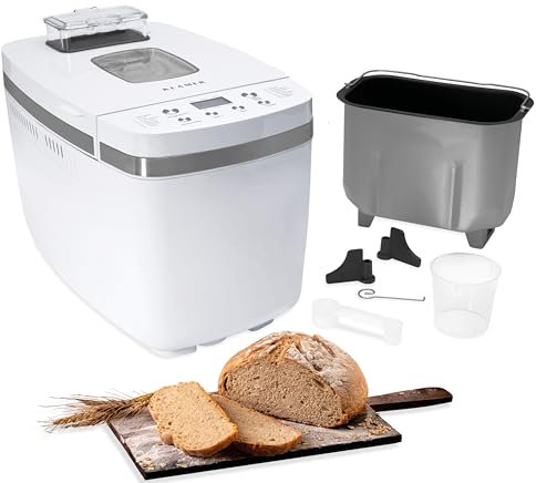 KLAMER Brotbackautomat, 14 Backprogramme, 3 einstellbare Bräunungsstufen, automatische Zubereitung von Brot, Kuchen, Pizzateig, Joghurt & Marmelade, Backform antihaftbeschichtet, Weiß
