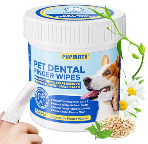 PUPMATE Dental Care Wipes for Dog & Cat- Teeth Cleaning Finger Wipes for Plaque and Tartar Removal, Safe & Gentle Disposable Toothbrush Wipes for Fresh Breath & Gum Care - 50 Pcs