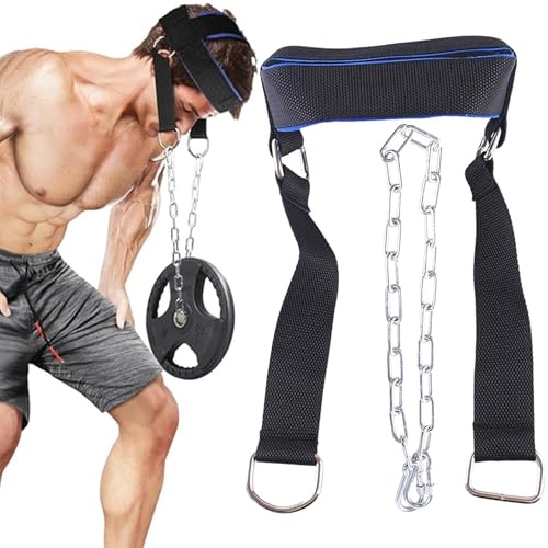 SQAQS Correa para entrenamiento de cuello, color azul y negro, para entrenamiento del cuello, boxeo y fitness, correa ajustable para la cabeza con gancho D-Hook (ajustable Dip cadena cintura)
