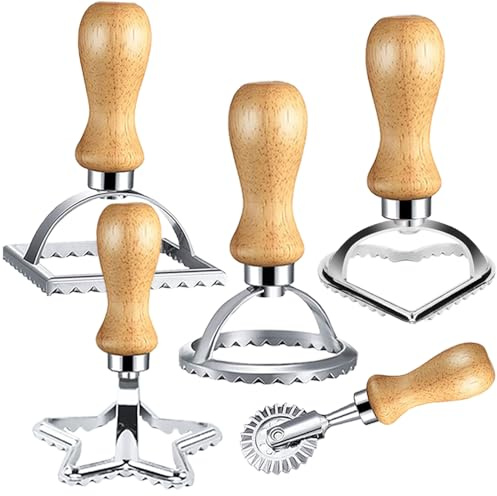 Bugucat Ausstechformen, Ravioli Ausstecher Former, Teigtaschenrad Former mit Holzgriff und Geriffelter Kante Pasta Nudel Press, Ravioliform Keksform für Pierogie & Dumplings (5er Set)