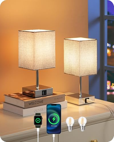 EDISHINE Touch Table Lamps Set of 2, 3-Way Dimmable with USB A+C Ports | Grey Linen Shade, Includes 4W 2700K G45 LED Bulbs, E27 Socket, Bedside Lamps for Bedroom, Living Room, Study, Modern Decor