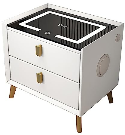 Nightstand with Wireless Charging Station, LED Lights, and USB Port - 2 Drawer Nightstand for Bedroom, Dorm, or Living Room - Beige+Black Color