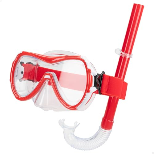 AKTIVE Aqua Sport 54242 Kit de Lunettes de plongée pour Enfant, Masque réglable, Tube de plongée, sans Latex, hypoallergénique, 2 Couleurs, Noir, Rouge, Envoi aléatoire, Filet de Transport, 12 Ans