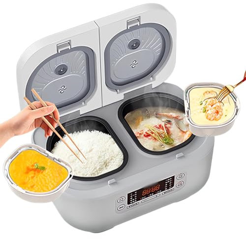 ANGDI Cuociriso Elettrico Professionale, cuociriso Multifunzione da 1,5 L + 1,5 L con Doppio Serbatoio Interno, Rivestimento Antiaderente e Pannello di Controllo a LED, appuntamento 12 Ore(White)