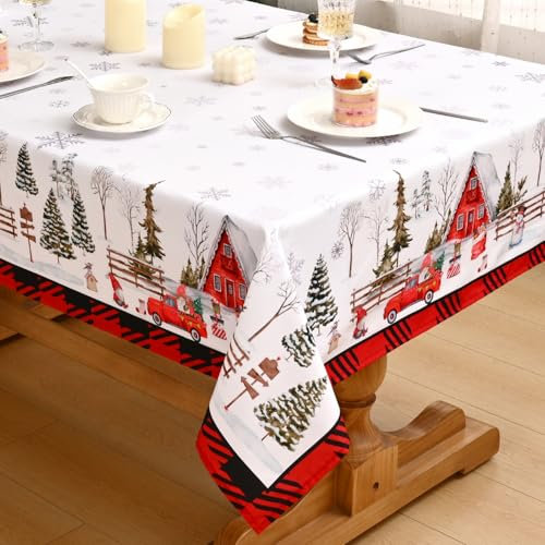Alishomtll Weihnachten Tischdecke, Schneeflocke Cartoon Häuser Baum Quadratisch Tischdecken, Wasserabweisend Abwaschbar Tischtuch, Winter Party Festliche Deko Tischwäsche, Weiß Rot 140x140 cm