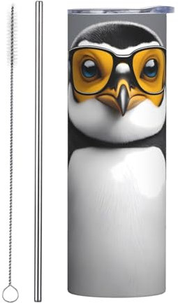 YYHHAOFA Tazza in acciaio di qualità con pinguino con occhiali, con coperchio, 590 ml, con cannuccia, adatta per bar, uffici, auto, case