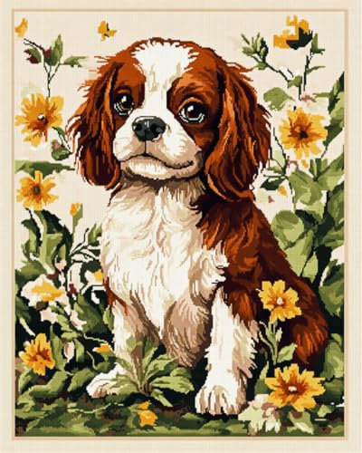 AMBATTERY Knüpfkissen Hund Tier Und Blumen Knüpfteppich Zum Selber Knüpfen Erwachsene Anfänger Knüpfen Set Kissen Knüpfkissen Mit Vordruck Handarbeit Set Für Erwachsene 35x46in