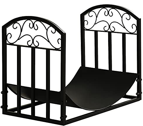 Outsunny Soporte para Leña Estante de Leña Leñero de Metal con Estante Curvo para Interior y Exterior 60,5x36x46,5 cm Negro