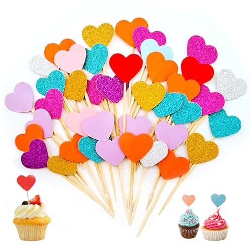 100 pezzi Cupcake Topper, decorazione per torta di compleanno a forma di cuore, decorazione per cupcake, bastoncini da cocktail, stuzzicadenti, decorazione per feste, torta di nozze