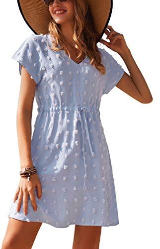 Ekouaer Strandöverdrag Dam Strandklänning Kort Klänning Sommar Bikini Cover Up V-ringning Kortärmad Casual Klänning S-XXL, Ljusblå, XL