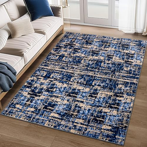 TUKDAK Waschbar Teppich Wohnzimmer 120×180cm, Blau Abstrakt Weicher Schlafzimmer Teppich Anti-Rutsch, Moderner Kurzflor Esszimmer Kunstwolle Matte fürs Kinderzimmer Küche Esszimmer