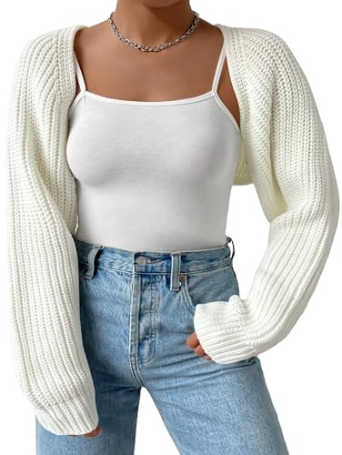Plus Size Women's Long Sleeve Open Front Crop Cardigan Drop Shoulder Shrug Oversized Ribbed Knit Bolero Sweater (US, Alpha, 3X-Large, Regular, Regular, Off White)