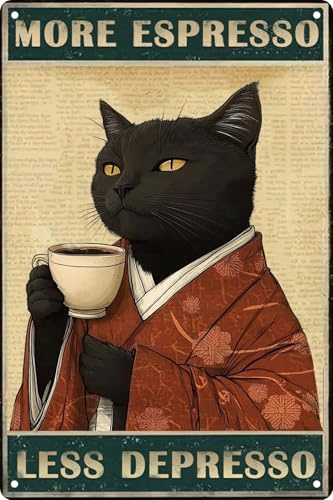 Retro Funny Black Cat Decor More Espresso Less Depressed Garden Fence Wall Decor Metal Tin Signs Garage Man Cave Gift Retro Bar Art Bathroom Decor 12x8 in