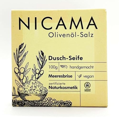 Nicama - Duschseife Olivenöl-Salz (COSMOS) – 100g - Naturseife ohne Plastik, Vegan, Palmölfrei, Tierversuchsfrei