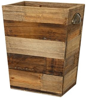 Small Wooden Waste Paper Bin Trash Can, Farmhouse Decorative Garbage Can Wastebasket, Rustic Distressed Natural Trash Recycling Basket with Metal Handles, Reclaimed Wood Storage Basket