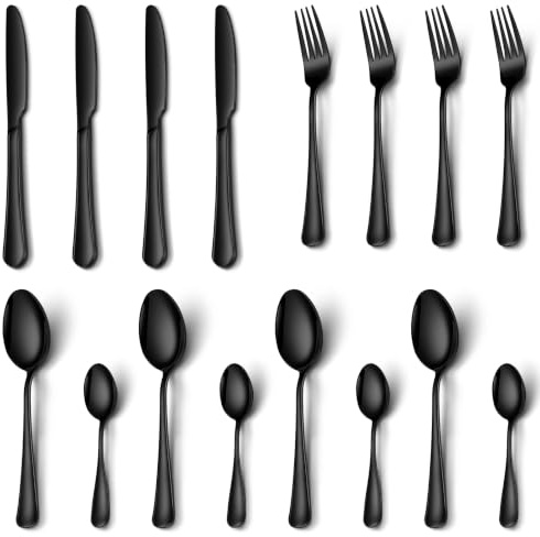 Black Cutlery Sets, NINIROR 16 Piece Food-Grade Stainless Steel Flatware Silverware Set for 4 People Include Spoon Knife and Fork Sets Mirror Polished Dishwasher Safe for Home Restaurant Modern Design