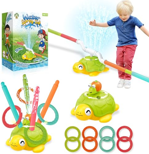 JOY SPOT! Turtle Water-Powered Sports Toy for Kids – Outdoor Summer Play with Rotating Water Spray, Ring Toss & Jump Games, No Battery Needed, Mechanical Fitness Fun for Ages 3-8