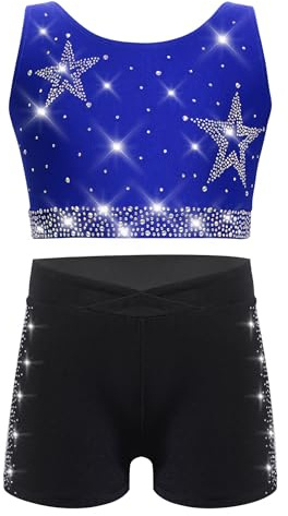 TTAO Enfant Fille Ensemble de Gymnastique Deux Pièces Justaucorps Strass avec Short Danse Gym Patinage Costume Spectacle Entraînement 5-16 Ans Bleu Noir 15-16 ans