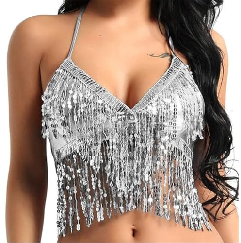 DOKRIN Top da danza per donna,Top da spettacolo in argento con reggiseno con paillettes e nappe per danza del ventre