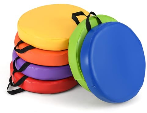 COSTWAY 6er Set Kinder Sitzkissen rund, 35 x 35 cm Bodenkissen mit Griff & Reißverschluss, Stuhlkissen Mehrfarbig, Sitzerhöhung Hauptkissen für Kinderzimmer, Kindergarten