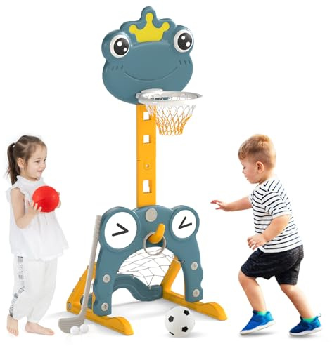 GYMAX Kids Basketball Hoop and Stand, 4 in 1 Height Adjustable Basketball Stand with Football Goal, Golf Set&Ring Toss, Sports Activity Center for 3 Years Old+ (Frog-shaped, 52 x 55 x 115-147 cm)
