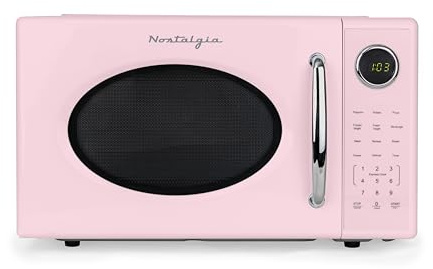 Nostalgia Retro 1000W Microwave Oven 1.1 Cu Ft Capacity – Child Safety Lock, 8 Auto-Cook Settings – Countertop Kitchen Appliance – Pink