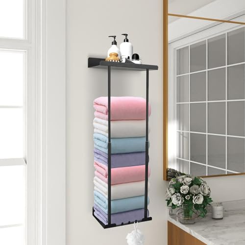 Porte-serviettes pour montage mural, porte-serviettes télescopique, porte-serviettes de salle de bain, porte-serviettes d'invités, noir, avec crochets de rangement, pour salle de bain, noir