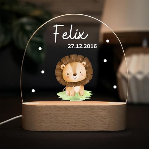 LARIFEE Nachtlicht Löwen babyn Baby mit Name – Personalisiertes LED Nachtlicht für Kinder – Lampe aus Acrylglas & Holz, dimmbar – Geschenk zur Geburt oder Taufe