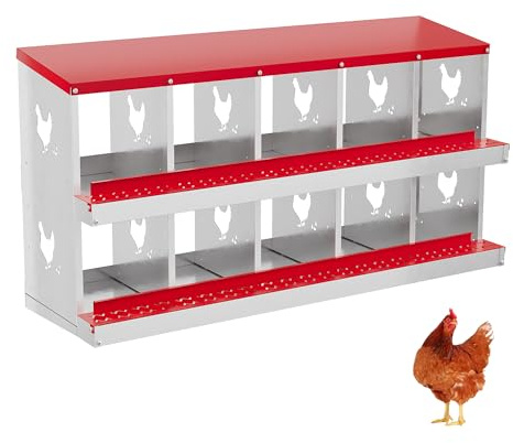 Creperture Legenest für Hühner, 10 Fächer Rollnestkasten Hühnernest aus Metall mit Geneigtem Boden, Lüftungslöchern,Leichte Reinigung Große Hühnerstall Eiersammelboxen,136 x 43 x 67 cm,Rot
