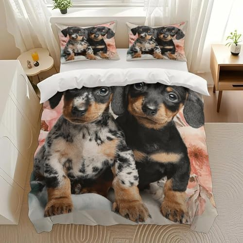 SANTOZORY Puppy Duo Bedding Comforter Sets Bedding Set 3 Pieces (1 Duvet Cover 2 Pillowcases) with Zipper Closure Lightweight