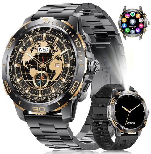 LIGE Smartwatch Herren mit 800mAh/Taschenlampe für Android iOS, 1,43'' AMOLED Display Geschäfts-Armbanduhr mit Anrufen, 200+ Sportmodi, IP68 Wasserdicht, Herzfrequenz/Schlafmonitor, Metallarmband