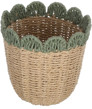 Scalloped Edge Storage Bin - Handwoven Natural Wicker Basket Decorative Rattan Organizer for Snacks Toys Fruits Table Living Room Home Office Bedroom Shelf Storage (Green)