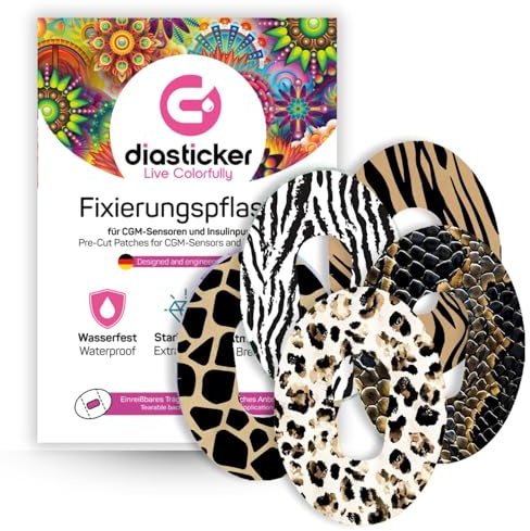 Diasticker | plåster för Dexcom G6-sensor (10 stycken, MIX SAFARI) | vattentät – hudvänlig – andas – starkt grepp | självhäftande fixeringsplåster, sensorfixering