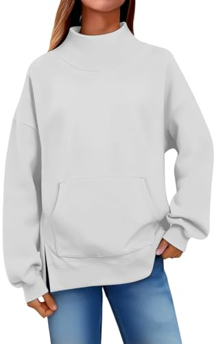Générique Casual tröjor - tröja dam utan huva tröja ren färg toppar långa ärmar toppar polokrage tröja med två fickor tröja vår höst toppar fritid tröja, Vitt och blått, XL