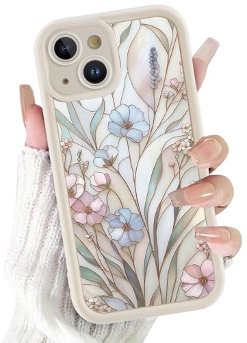 Xylota Fodral för iPhone 14, Aesthetic Designs Mode Beige Silikon Blomsterfodral, TPU Kvinnor Tunn Mjuk Stötsäker Stötsäker Skyddshölje Fodral för iPhone 14 6,1 tum-02