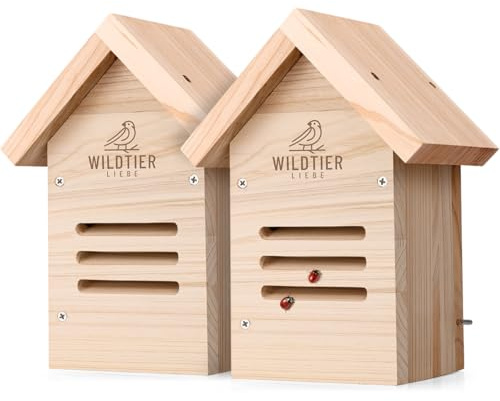 wildtier liebe Marienkäfer-Hotel, Marienkäferhaus – 2er Set I Wetterfest & Unbehandelt aus Massiv-Holz I Insektenhotel für Marienkäfer zum Aufhängen für Garten, Balkon, 2 Stück