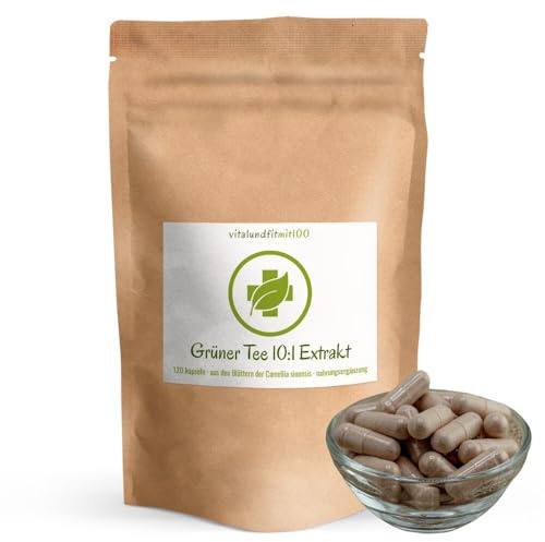 vitalundfitmit100 Grüner Tee Extrakt 10:1, 120 Kapseln, 50% Polyphenole, 7-9% Koffein, vegan