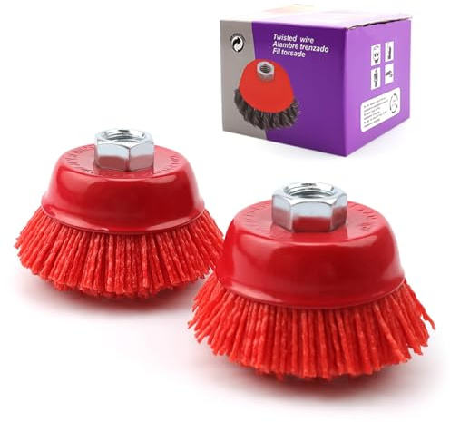 KLEHOPE Spazzola a Tazza in Nylon M14, Ø75 mm, Confezione da 2 – per Smerigliatrice Angolare e Trapano – Setole in Plastica con Grana Abrasiva – Sbavatura, Rimozione Ruggine e Vernice