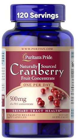 Puritan's Pride Naturally Sourced Cranberry One Per Day Fruit Concentrate 500mg, 50:1 Dietary Supplement for Urinary Tract Support, 4 Month Supply, 120 Rapid Release Capsules