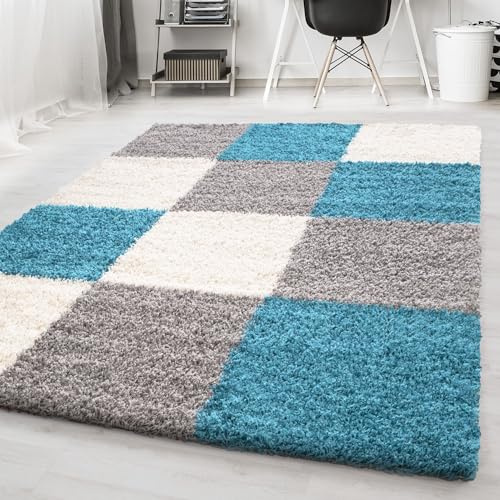 Carpetsale24 Hochflor Teppich Shaggy kariert 120x170 cm Blau, weich & flauschig, modernes Karo Muster, rechteckig, perfekt für Wohnzimmer oder Schlafzimmer, stilvoll & bequem