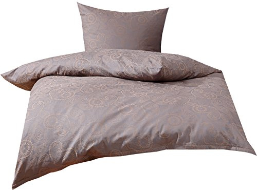 Bettwaesche-mit-Stil Mako Satin Damast Paisley Bettwäsche Garnitur Davos 135x200 + 80x80 Gold braun - grau