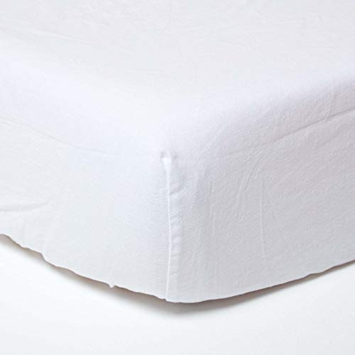 HOMESCAPES Drap-Housse élastiqué en Lin lavé Blanc – 180 x 200 cm
