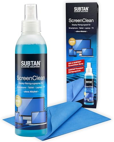 SUBTAN Bildschirmreiniger Set 250ml – alkoholfreies Display Spray inkl. XXL Mikrofasertuch 30x38cm für Handy, Laptop, Monitor, TV & MacBook – geeignet für LCD, LED, OLED & TFT