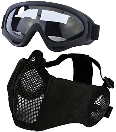 Yzpacc Airsoft Mask with Goggles, Foldable Half Face Airsoft Mesh Mask with Ear Protection for Paintball Shooting Cosplay CS Game (BK)