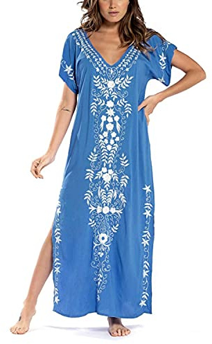 JENJON Donna Corta Manica Cover Up Caftano Floreale Ricamato Laterale Diviso Vestito da Spiaggia Abiti